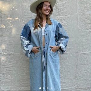 Upcycled patchwork denim duster. Leather collar. Vintage.